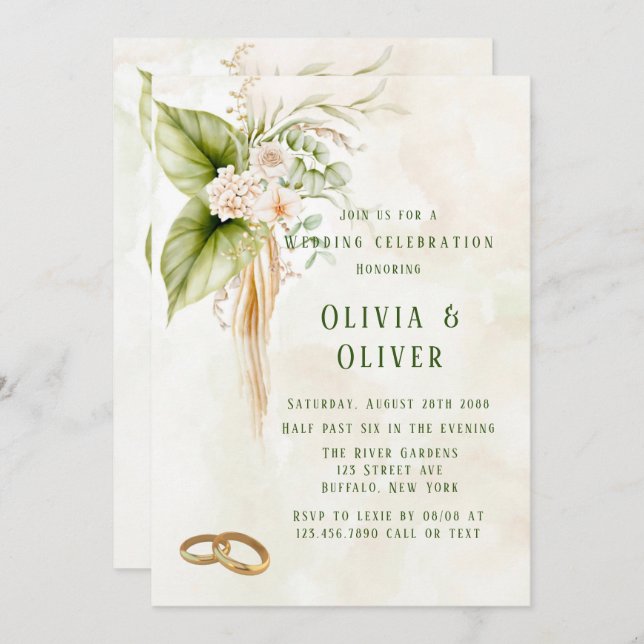 Invitation Élégant Olive Green Mariage de fleurs tropicales (Devant / Derrière)