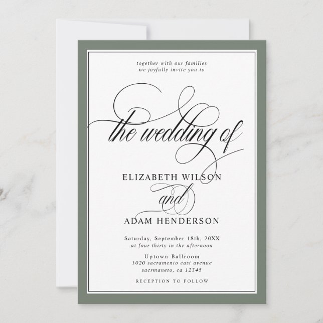 Invitation Élégant Olive Green & White Classic Mariage (Devant)
