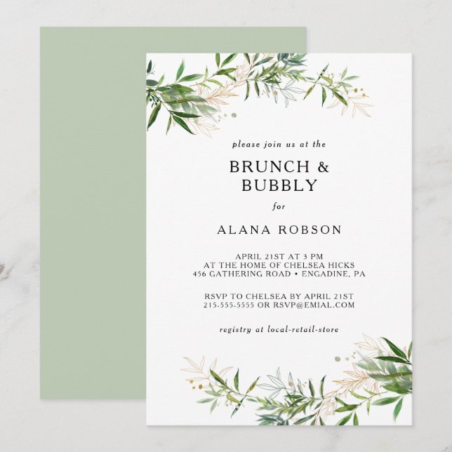 Invitation Elégant Olive Greenery Brunch et Bubbly Douche dan (Devant / Derrière)