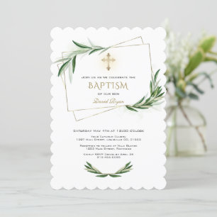 Invitation Élégant Olive Greenery Gold Cross Baptism