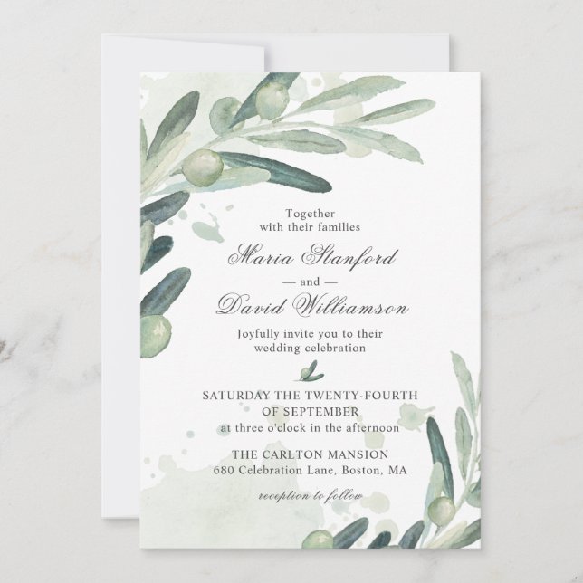 Invitation Élégant Olive Sprig Branche Mariage de verdure (Devant)
