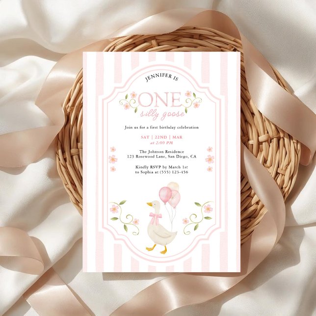 Invitation Elegant One Silly Goose Pink Girls 1st Birthday  (Créateur téléchargé)