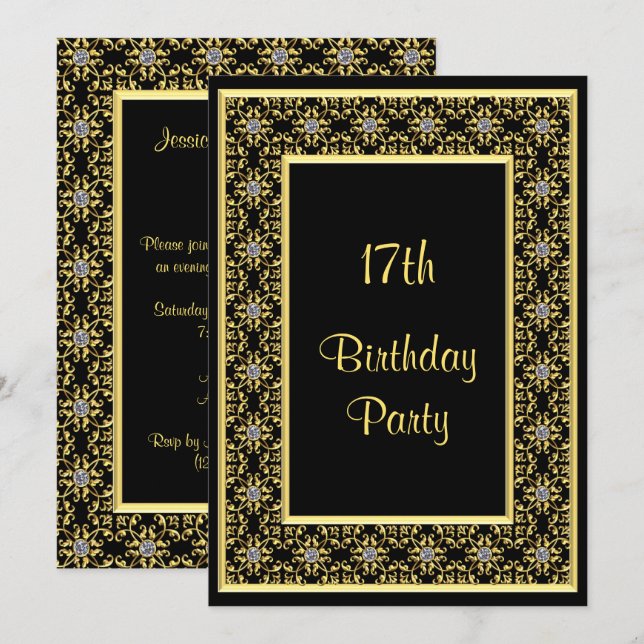 Invitation Élégant Or, 17e Anniversaire de Diamond Gem (Devant / Derrière)