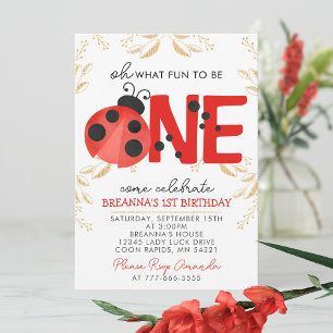 Invitation Elégant or aquarelle Ladybug 1er anniversaire fête