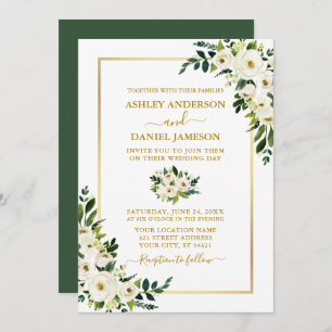 Invitation Elégant or Aquarelle Vert Blanc Floral Mariage