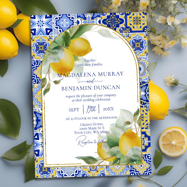 Invitation Elégant or Arc Italien Carrelage bleu citron Maria (Créateur téléchargé)