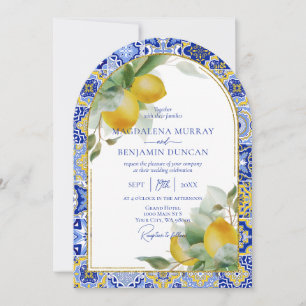 Invitation Elégant or Arc Italien Carrelage bleu citron Maria