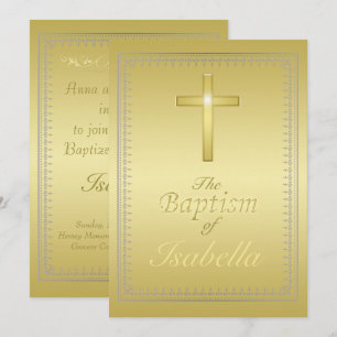 Invitation Elégant or & argent damassé or croix Baptême