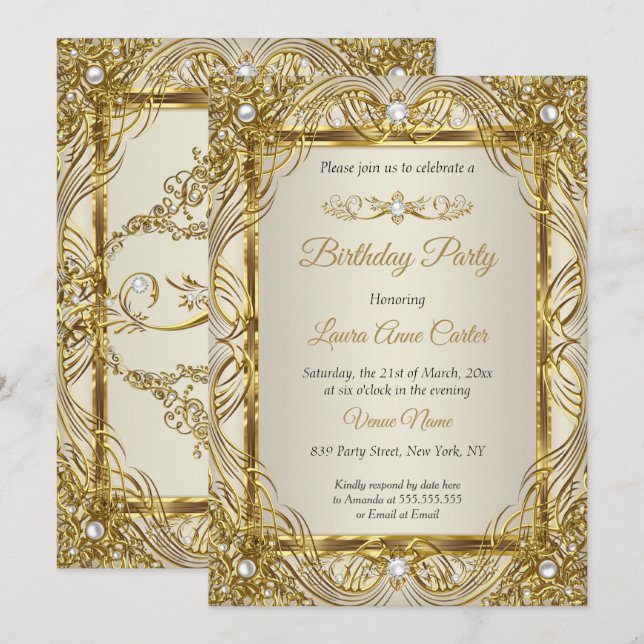 Invitation Élégant or beige crème perle damassé pour soirée (Devant / Derrière)