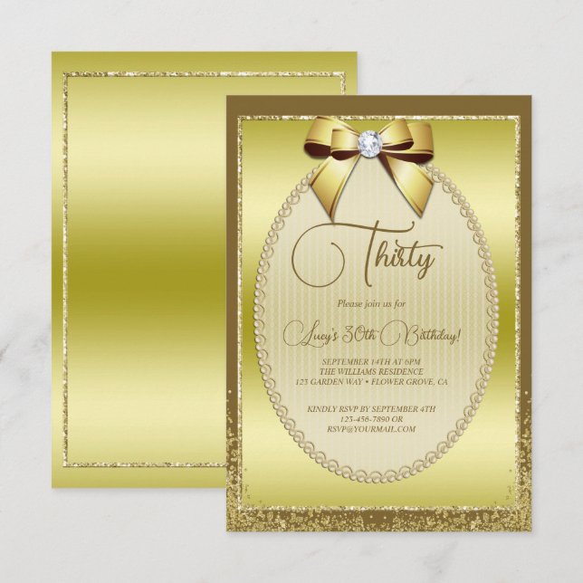 Invitation Elégant or bijoux Bow & Parties scintillant Annive (Devant / Derrière)