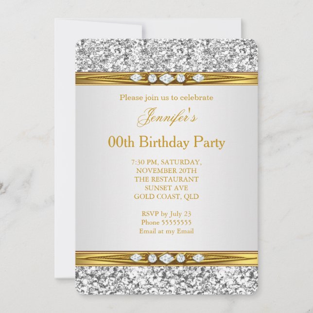 Invitation Élégant Or Blanc Argent Paillettes Diamant Anniver (Devant)