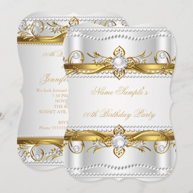 Invitation Élégant Or Blanc Argent Perle Soie Anniversaire (Devant / Derrière)