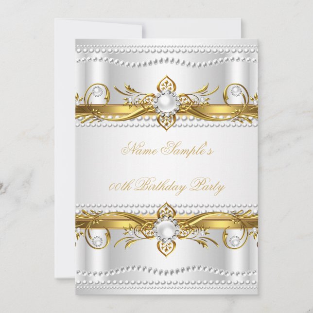 Invitation Elégant Or Blanc Argent Perle Soie Anniversaire (Devant)