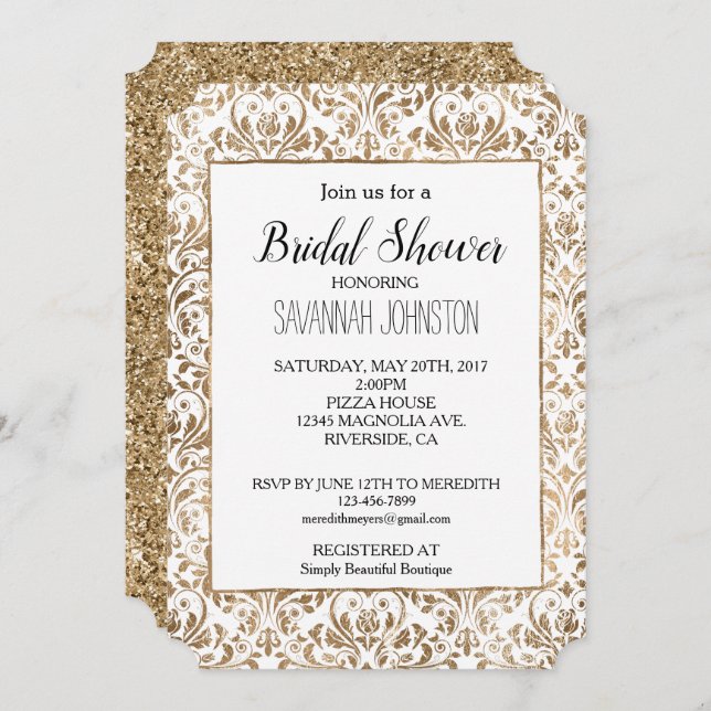 Invitation Elégant or blanc Chic Damask (Devant / Derrière)