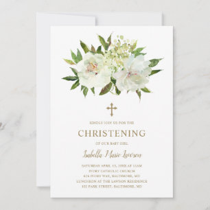 Invitation Elégant Or Blanc Floral Moderne Christening