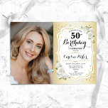 Invitation Elégant or blanc floral photo 50e anniversaire<br><div class="desc">Elégante invitation au 50e anniversaire fleurie féminine avec votre photo. Design de glam avec faux or. Comprend des roses blanches, des caractères de script et des confettis. Parfait pour une fête anniversaire adulte élégante. Personnalisez avec vos propres détails. Peut être customisé pour n'importe quel âge ! Invitations Zazzle imprimées ou...</div>