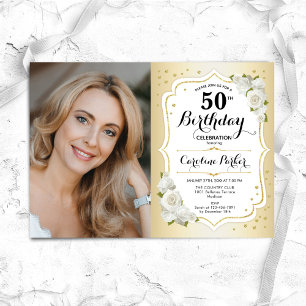 Invitation Elégant or blanc floral photo 50e anniversaire