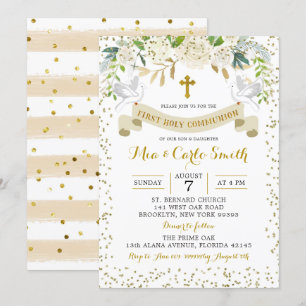 Invitation Élégant Or Blanc Floral Première Sainte Communion