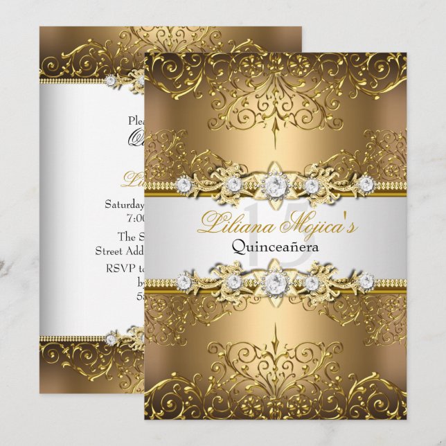 Invitation Élégant Or Blanc Glamour Quinceanera (Devant / Derrière)