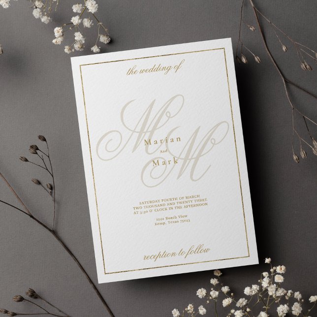 Invitation Élégant or blanc monogramme initiales mariage (Elegant white gold monogram initials wedding)