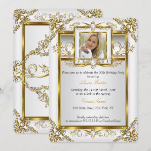 Invitation Élégant Or Blanc Perle Damassé Photo Anniversaire