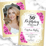 Invitation Elégant or blanc rose photo 50e anniversaire<br><div class="desc">Elégante invitation à 50e anniversaire fleurie avec votre photo au verso de la carte. Design de glam avec faux or. Comprend des roses roses roses, des caractères de script et des confettis. Parfait pour une fête anniversaire adulte élégante. Personnalisez avec vos propres détails. Peut être customisé pour n'importe quel âge...</div>