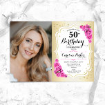 Invitation Elégant or blanc rose roses photo 50e anniversaire<br><div class="desc">Elégante invitation au 50e anniversaire fleurie féminine avec votre photo. Design de glam avec faux or. Comprend des roses roses roses, des caractères de script et des confettis. Parfait pour une fête anniversaire adulte élégante. Personnalisez avec vos propres détails. Peut être customisé pour n'importe quel âge ! Invitations Zazzle imprimées...</div>