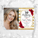 Invitation Elégant or blanc Roses rouges photo 50e anniversai<br><div class="desc">Elégante invitation au 50e anniversaire fleurie féminine avec votre photo. Glam, design blanc et rouge avec faux or parties scintillant. Comprend des rayures, des roses rouges, des caractères de script et des confettis. Parfait pour une fête anniversaire adulte élégante. Personnalisez avec vos propres détails. Peut être customisé pour n'importe quel...</div>