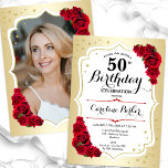 Invitation Elégant or blanc rouge photo 50e anniversaire<br><div class="desc">Elégante invitation à 50e anniversaire fleurie avec votre photo au verso de la carte. Design de glam avec faux or. Comprend des roses rouges, des caractères de script et des confettis. Parfait pour une fête anniversaire adulte élégante. Personnalisez avec vos propres détails. Peut être customisé pour n'importe quel âge !...</div>