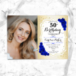 Invitation Elégant or blanc Royal Bleu photo 50e anniversaire<br><div class="desc">Elégante invitation au 50e anniversaire fleurie féminine avec votre photo. Design de glam avec faux or. Comprend des roses bleus royaux, des caractères de script et des confettis. Parfait pour une fête anniversaire adulte élégante. Personnalisez avec vos propres détails. Peut être customisé pour n'importe quel âge ! Invitations Zazzle imprimées...</div>