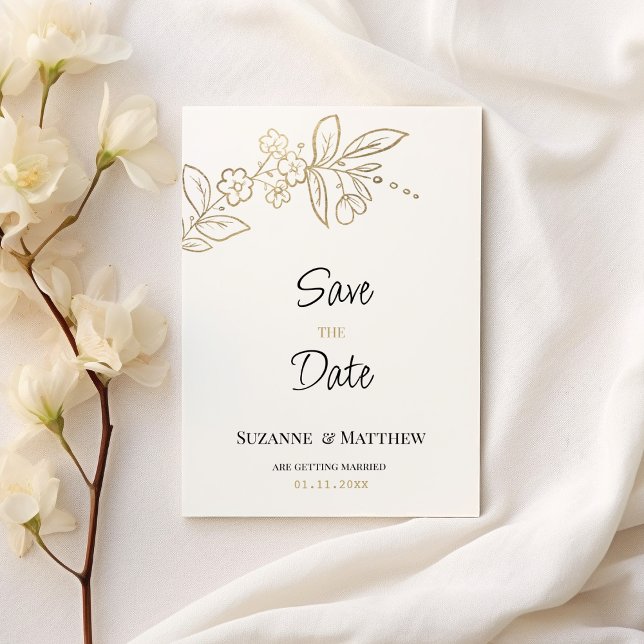 Invitation Elégant or blanc simple floral Enregistrer la date (Elegant white gold simple floral Save the Date)