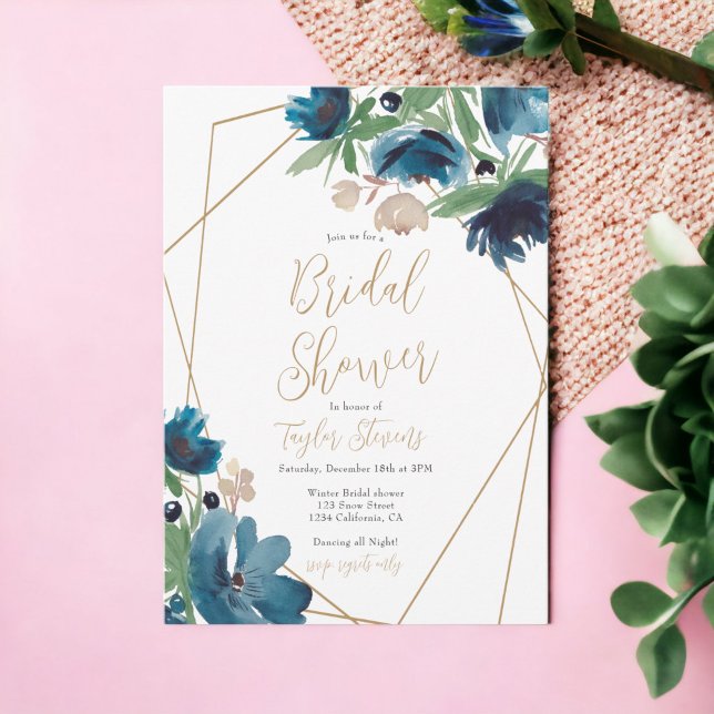 Invitation Elégant or bleu poussiéreux Fête des mariées flora (Elegant dusty blue gold Floral Bridal Shower Invitation)