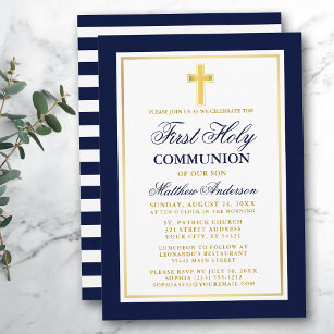 Invitation Élégant Or Bleu Première Sainte Communion rayée