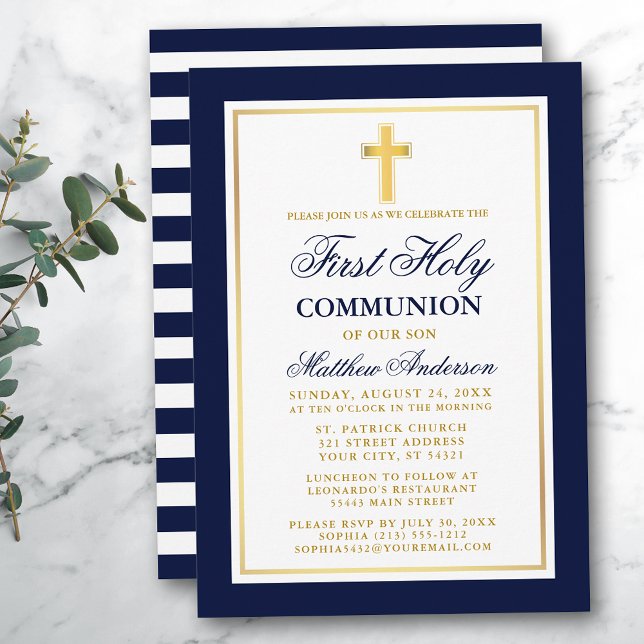 Invitation Élégant Or Bleu Première Sainte Communion rayée (Customize to change text size, color or text style.)