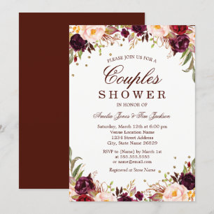 Invitation Elégant Or Bourgogne Floral Couples Douche