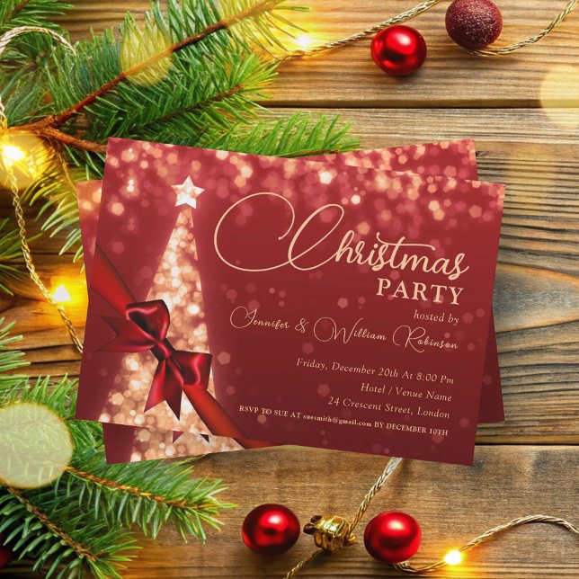 Invitation Élégant or chatoyant Xmas arbre de vacances vert (Elegant Gold Shimmering Xmas Tree Holiday Green Invitation)
