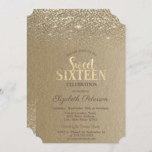 Invitation Élégant or Confetti Diamants Kraft Sweet 16 (Devant / Derrière)