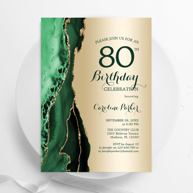 Invitation Elégant Or Emerald Green Agate 80e anniversaire (Créateur téléchargé)