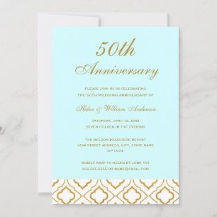 Invitation Élégant or et bleu 50e anniversaire de mariage