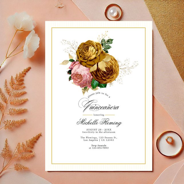 Invitation Elégant or et flou Quinceañera photo (Elegant Gold and Blush Floral Quinceañera Photo Invitation)