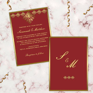 Invitation Elégant or et Mariage rouge