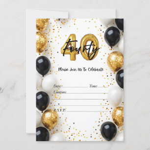 Invitation Elégant or et noir ballon 40e anniversaire Invitat