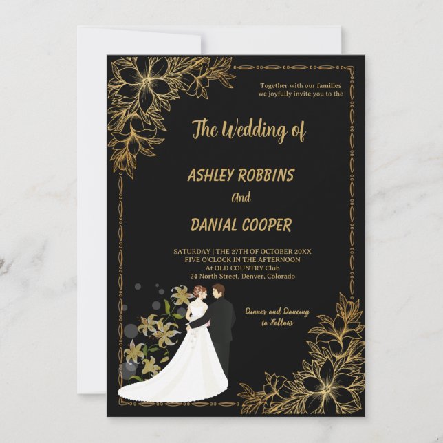 Invitation Élégant or et noir bordure florale Mariage  (Devant)