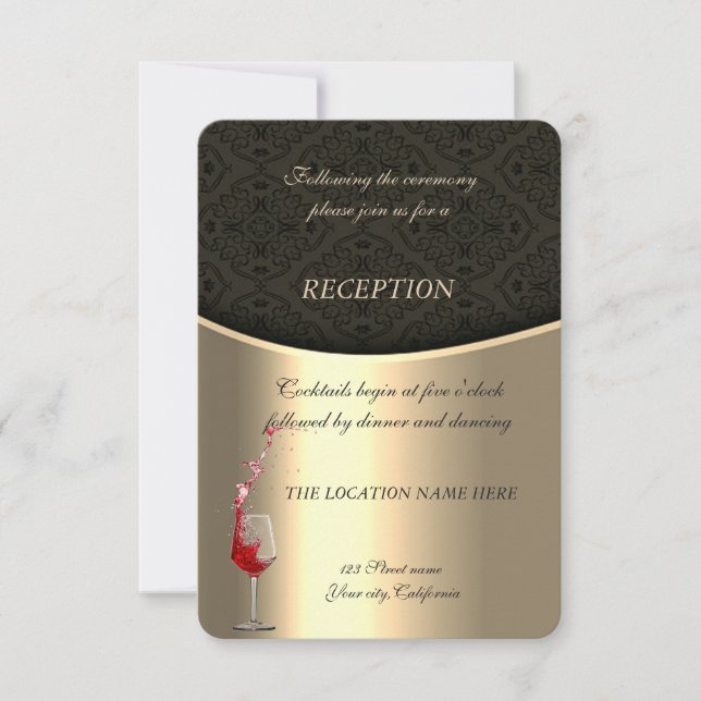 Invitation Élégant or et noir Damassé Réception de mariage (Devant)