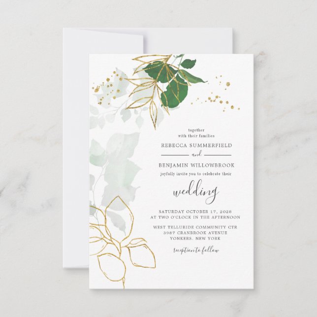 Invitation Elégant or Eucalyptus Verdure Boho Chic Mariage (Devant)
