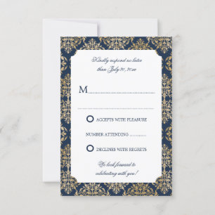 Invitation Elégant or fleurit Damask Navy bleu RSVP