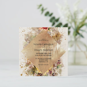 Invitation Elégant or Floral Aquarelle Mariage rustique