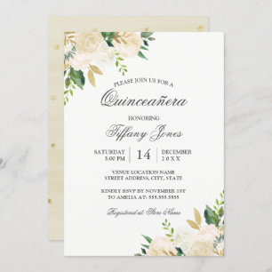 Invitation Elégant or Floral Aquarelle Quinceanera
