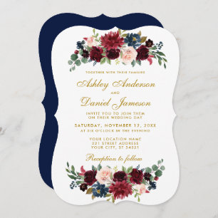Invitation Elégant or Floral bleu Bourgogne Mariage BR