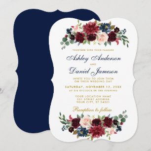 Invitation Elégant or floral bleu Bourgogne Mariage GB